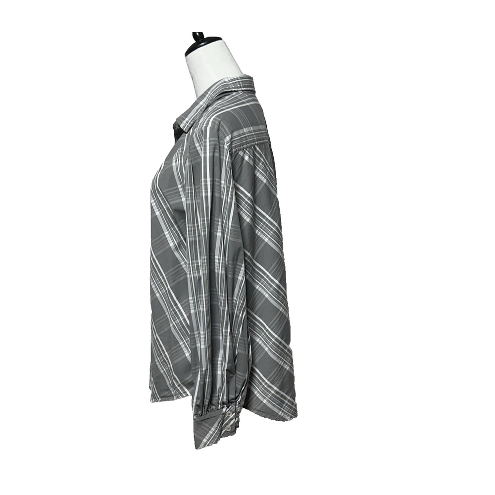 Chicos Top Womens XL 3 Gray‎ White Button Up Billow Balloon Sleeve Poplin Plaid - Picture 5 of 12